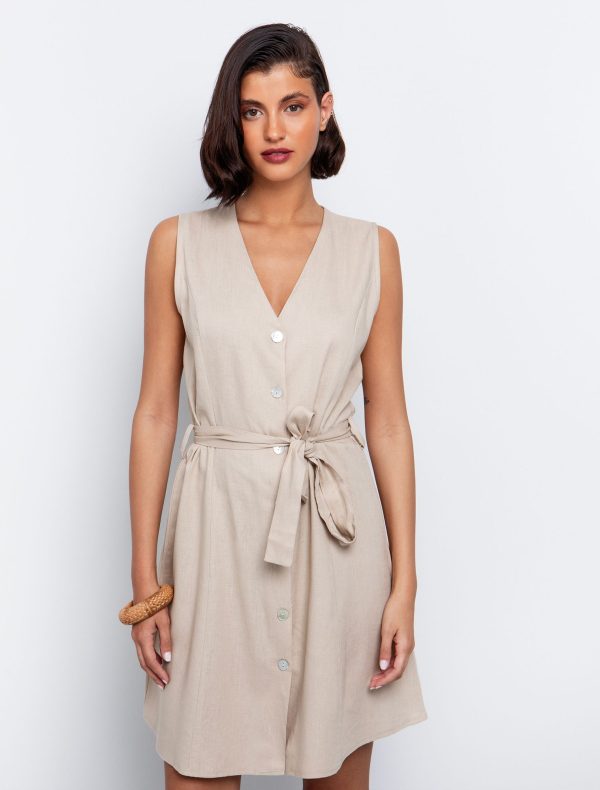 Toi&Moi Linen-blend φόρεμα με ζώνη 50-6549-125-Beige/Μπέζ