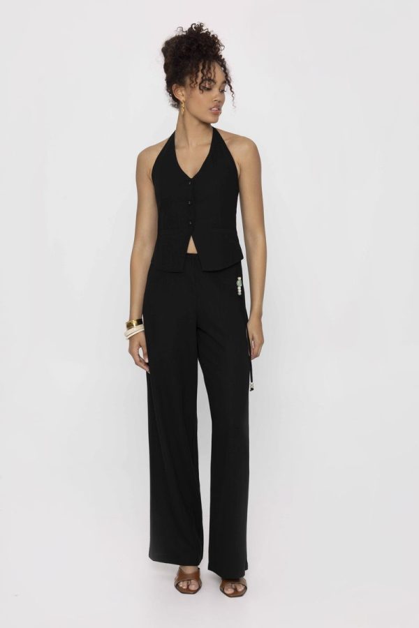 Mind Matter DENISE TROUSERS Μονόχρωμο Λινό Παντελόνι σε Χαλαρή Γραμμή με Διακοσμητικό Κορδόνι και Χάντρες DENISE MML25-01-03-024-Black/Μαύρο