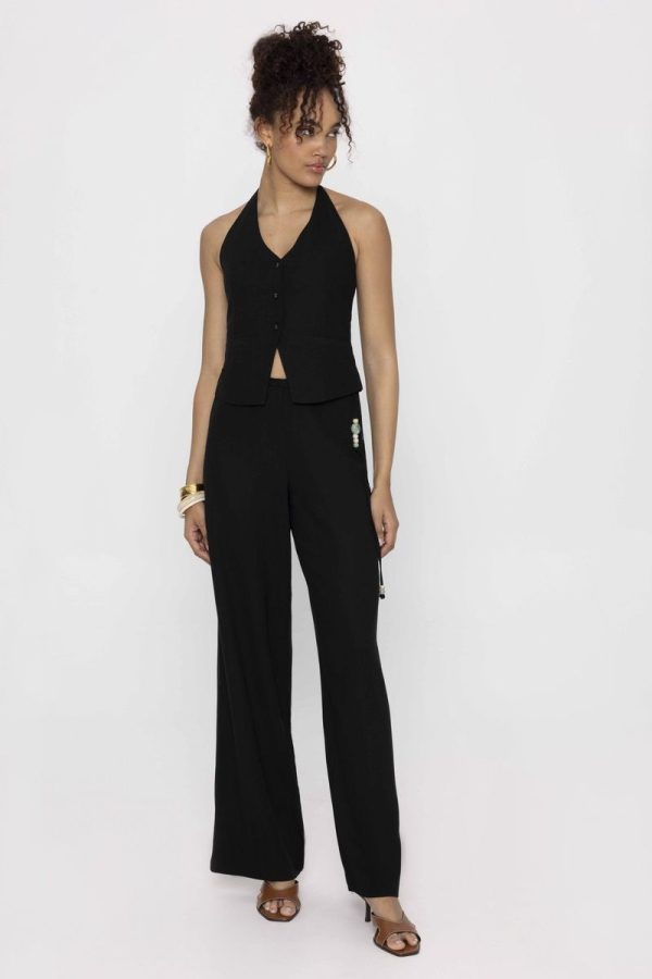 Mind Matter DENISE TROUSERS Μονόχρωμο Λινό Παντελόνι σε Χαλαρή Γραμμή με Διακοσμητικό Κορδόνι και Χάντρες DENISE MML25-01-03-024-Black/Μαύρο