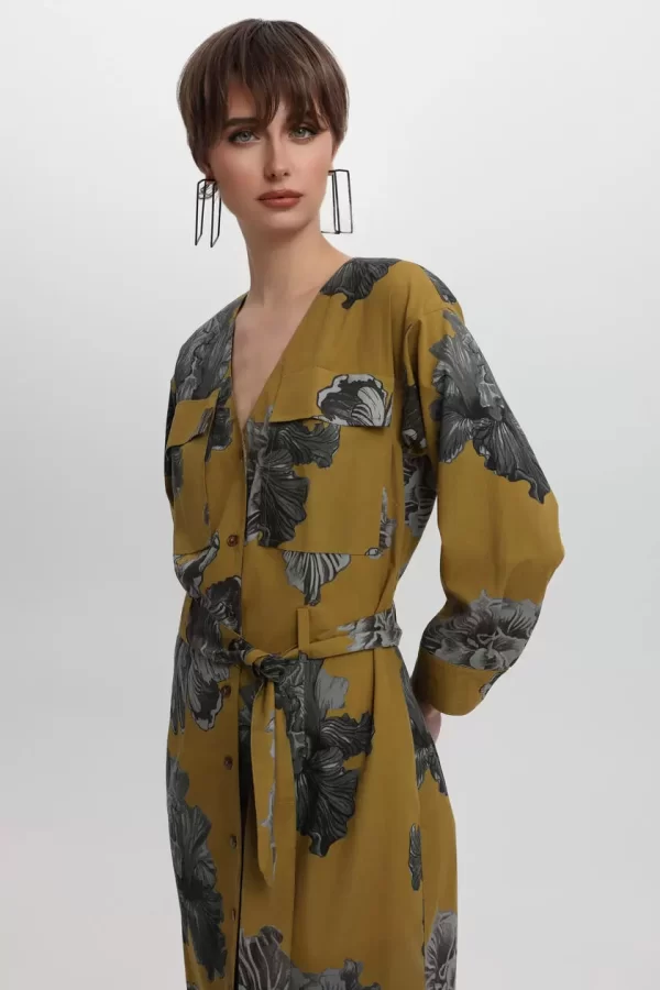 Bill Cost Μακρύ Φόρεμα με Ζώνη & Floral Print 10-342299-0-Olive/Λαδί