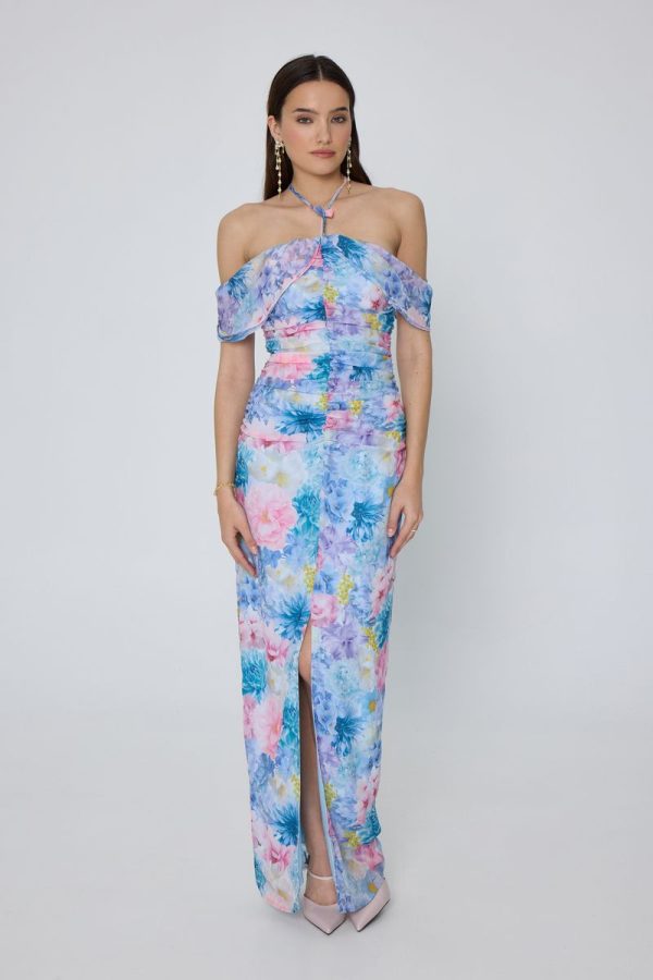 Mind Matter AMBROSIA DRESS Μακρύ Φλοράλ Φόρεμα Μουσελίνα AMBROSIA MML25-01-07-037-Ciel/Σιέλ