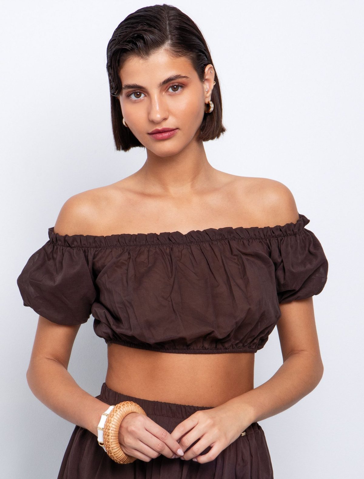 Toi&Moi Off shoulder τοπ με σούρες 30-5627-125-Brown/Καφέ