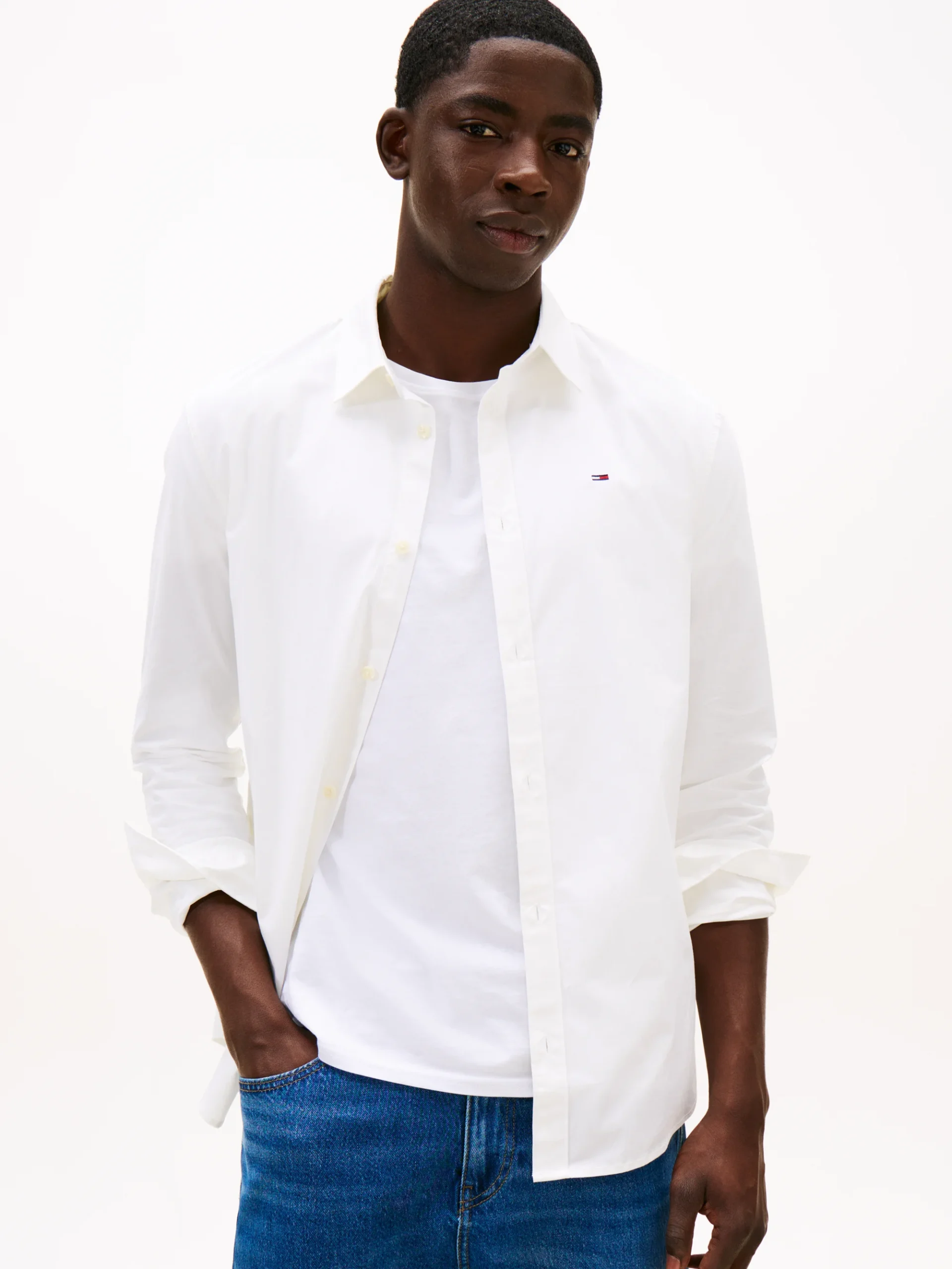 TOMMY JEANS ΕΛΑΣΤΙΚΟ ΠΟΥΚΑΜΙΣΟ ΣΕ SLIM ΓΡΑΜΜΗ-DM0DM04405-CLASSIC WHITE/Άσπρο