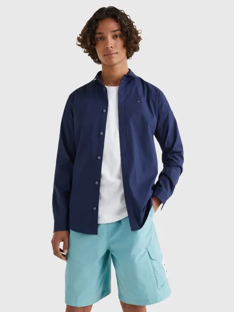 TOMMY JEANS ΕΛΑΣΤΙΚΟ ΠΟΥΚΑΜΙΣΟ ΣΕ SLIM ΓΡΑΜΜΗ-DM0DM04405-BLUE-ΜΠΛΕ