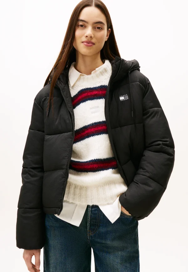 TOMMY JEANS Αδιάβροχο Ριμπ Φουσκωτό Τζάκετ Με Κουκούλα-DW0DW21625-Black/Μαύρο
