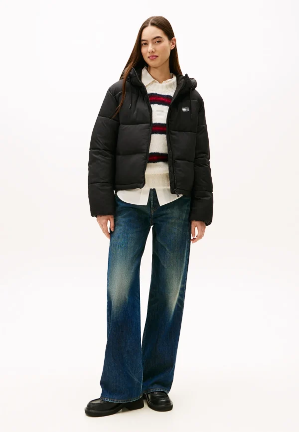 TOMMY JEANS Αδιάβροχο Ριμπ Φουσκωτό Τζάκετ Με Κουκούλα-DW0DW21625-Black/Μαύρο
