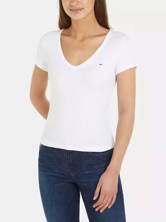 TOMMY JEANS Essential T-Shirt Σε Slim Γραμμή Με V-DW0DW17385-White/Άσπρο