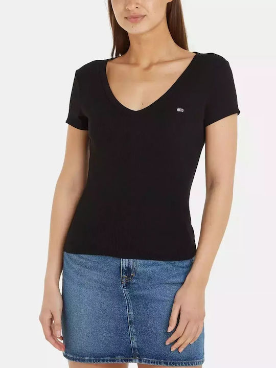TOMMY JEANS Essential T-Shirt Σε Slim Γραμμή Με V-DW0DW17385-Black/Μαύρο