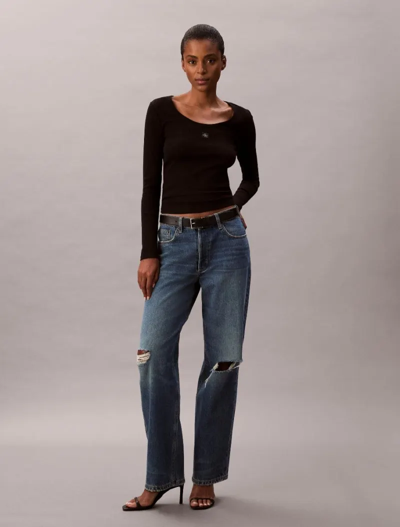 Calvin Klein Ριμπ Μακρυμάνικο Τοπ Από Βαμβάκι-LV047D218G-Black-Μαύρο Calvin Klein Ριμπ Μακρυμάνικο Τοπ Από Βαμβάκι-LV047D218G-Black-Μαύρο