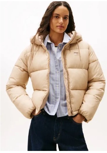 TOMMY JEANS Αδιάβροχο Ριμπ Φουσκωτό Τζάκετ Με Κουκούλα-DW0DW21625-Malted Milk/Κρέμα