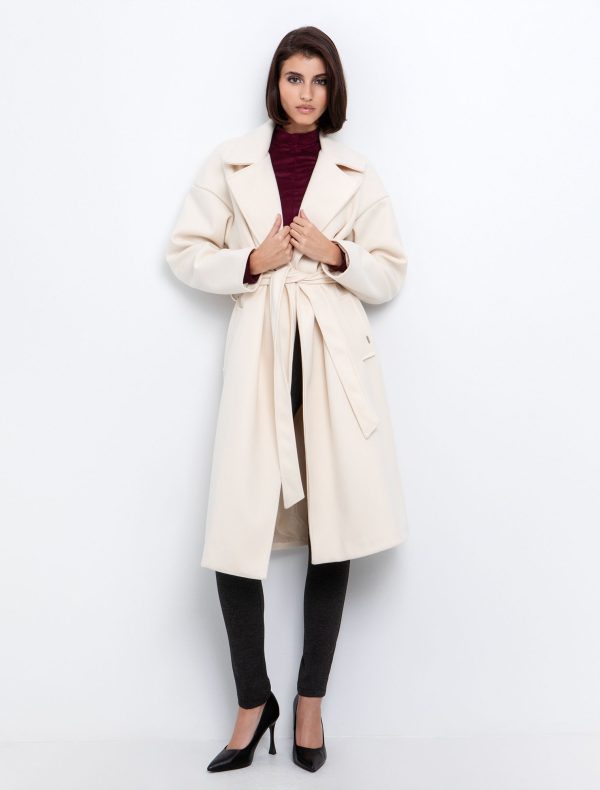 Toi&Moi Μακρύ παλτό με ζώνη 60-1733-225-Off White/Υπόλευκο