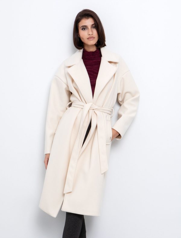 Toi&Moi Μακρύ παλτό με ζώνη 60-1733-225-Off White/Υπόλευκο