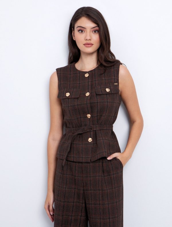 Toi&Moi Καρό γιλέκο με ζωνάκι 40-0828-225-Plaid/Καρώ