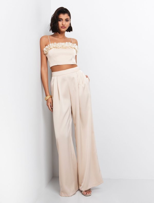 Toi&Moi Satin παντελόνα με πιέτες 20-5758-225-Cream/Κρέμ