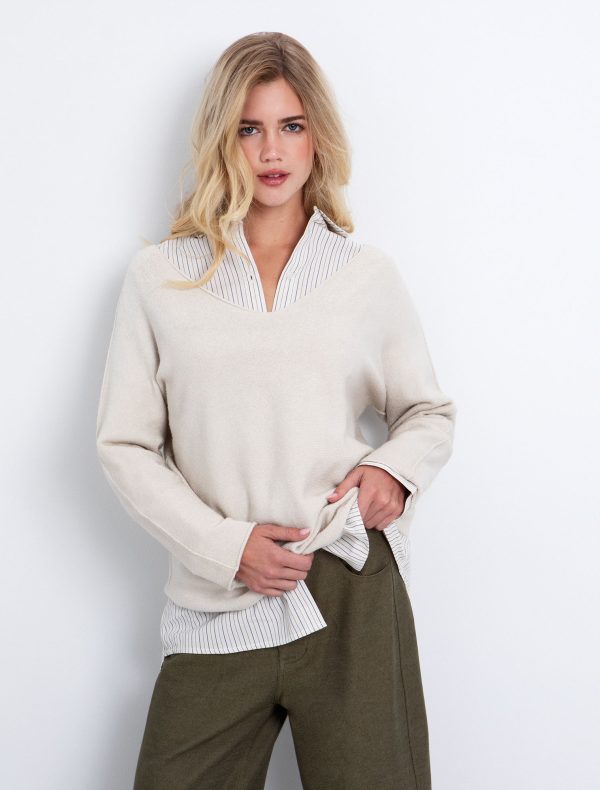 Toi&Moi One size πλεκτή μπλούζα με V 70-4909-225-Beige/Μπέζ