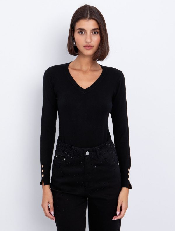 Toi&Moi Basic πλεκτή μπλούζα V-λαιμόκοψη 70-4818-225-Black/Μαύρο