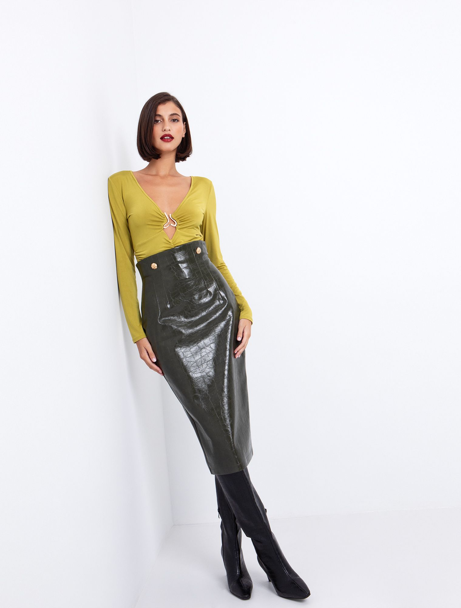 Toi&Moi Δερματίνη φούστα κροκό 10-3985-225-Khaki/Χακί Toi&Moi Δερματίνη φούστα κροκό 10-3985-225-Khaki/Χακί