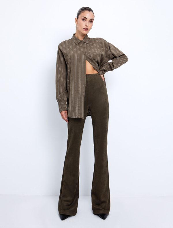 Toi&Moi Σουέντ παντελόνι flare 20-5538-225-Khaki/Χακί