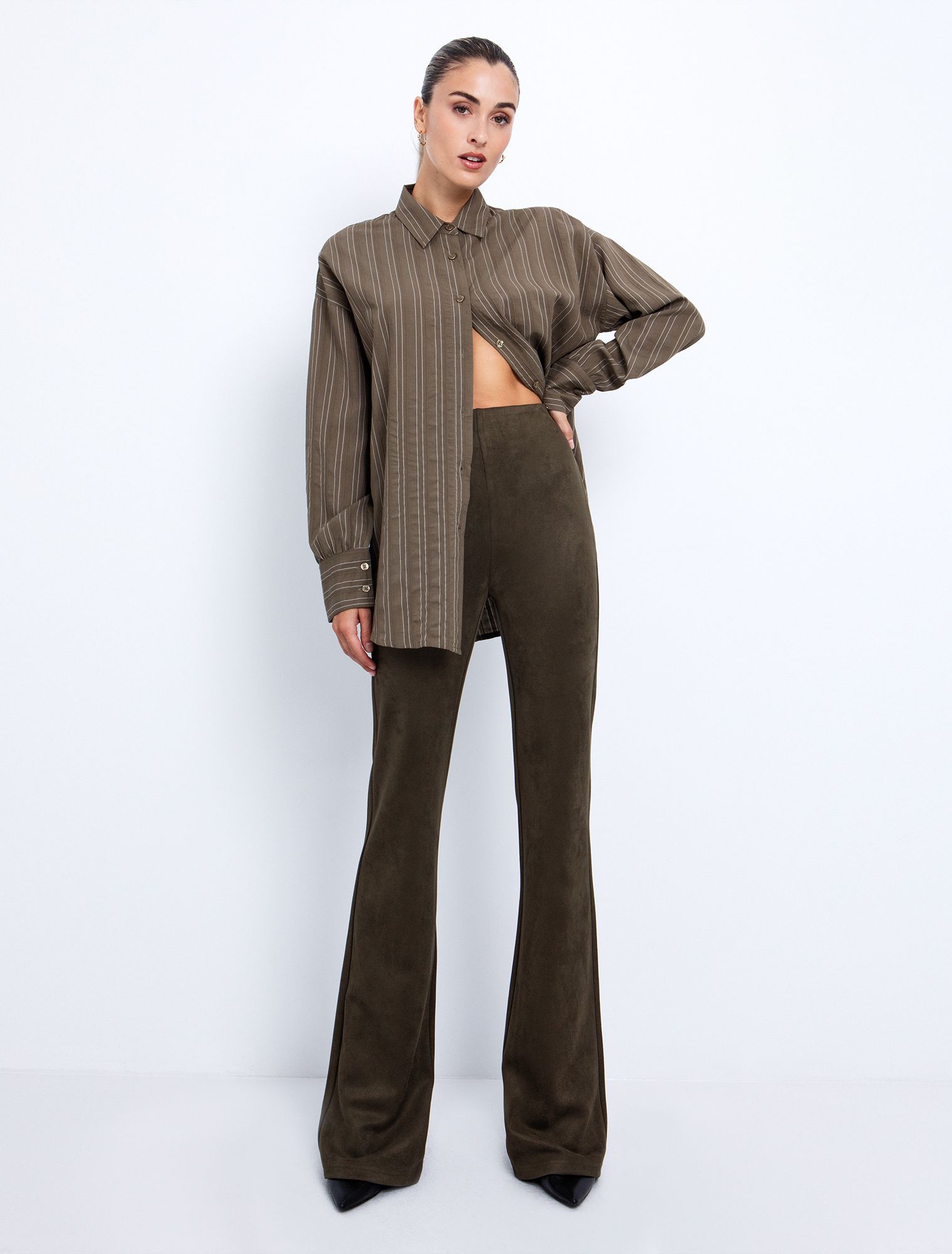 Toi&Moi Σουέντ παντελόνι flare 20-5538-225-Khaki/Χακί Toi&Moi Σουέντ παντελόνι flare 20-5538-225-Khaki/Χακί