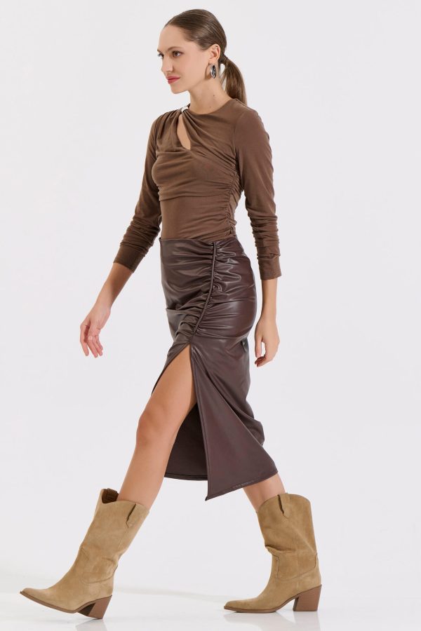 Bill Cost Φούστα δερματίνη με σούρα και άνοιγμα 10-010198-0-Brown/Καφέ