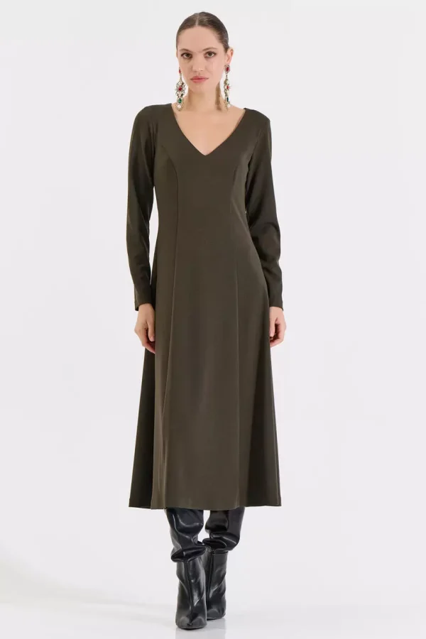 Bill Cost Μακρύ Κλος Φόρεμα με V Ντεκολτέ και Ζώνη-10-031048-0-Olive/Λαδί