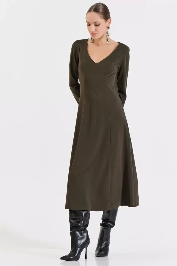 Bill Cost Μακρύ Κλος Φόρεμα με V Ντεκολτέ και Ζώνη-10-031048-0-Olive/Λαδί
