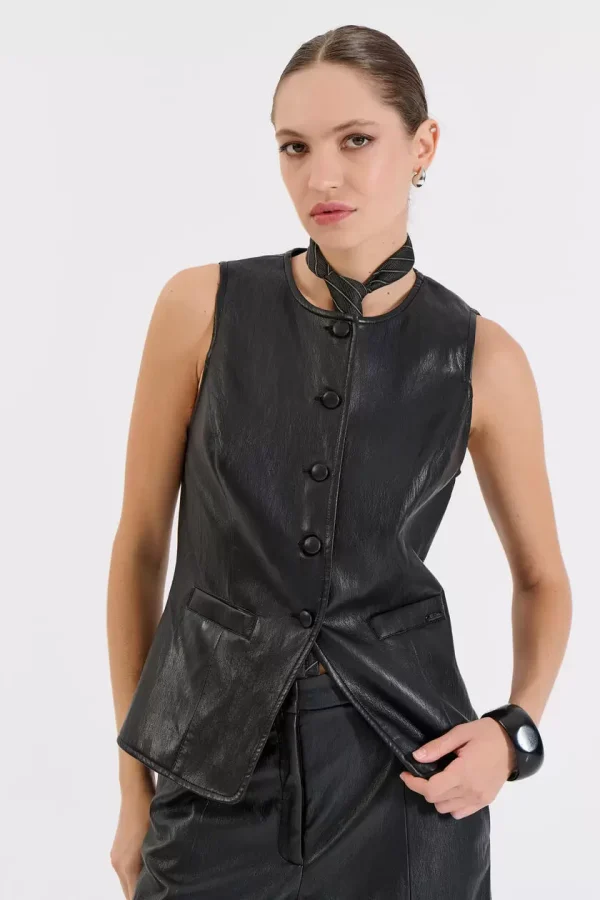 Bill Cost Γιλέκο από Δερματίνη με Κουμπιά 10-010195-0-Black/Μαύρο