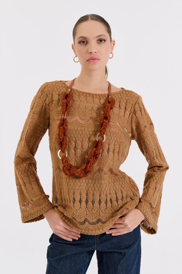 Bill Cost Πλεκτή μπλούζα με δαντελωτό μοτίβο 10-130177-0-Camel/Καμηλό