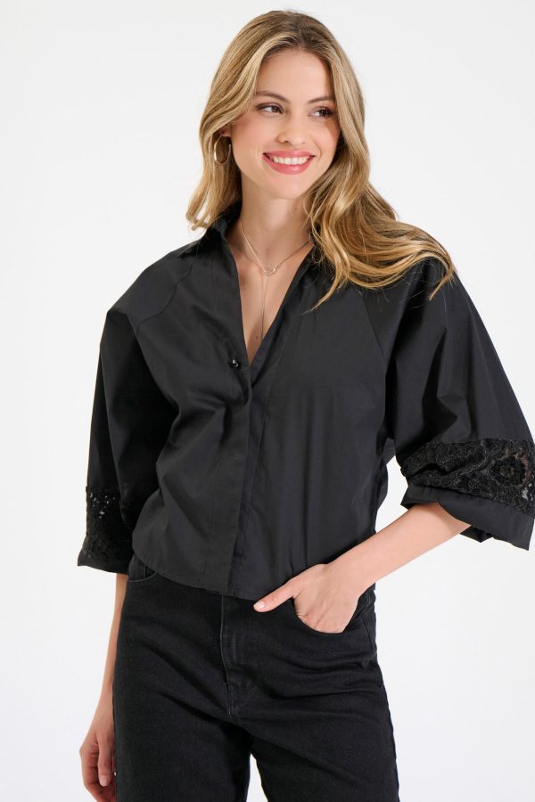 Bill Cost Βαμβακερό πουκάμισο με δαντέλα στα μανίκια-10-180327-0-Black/Μαύρο