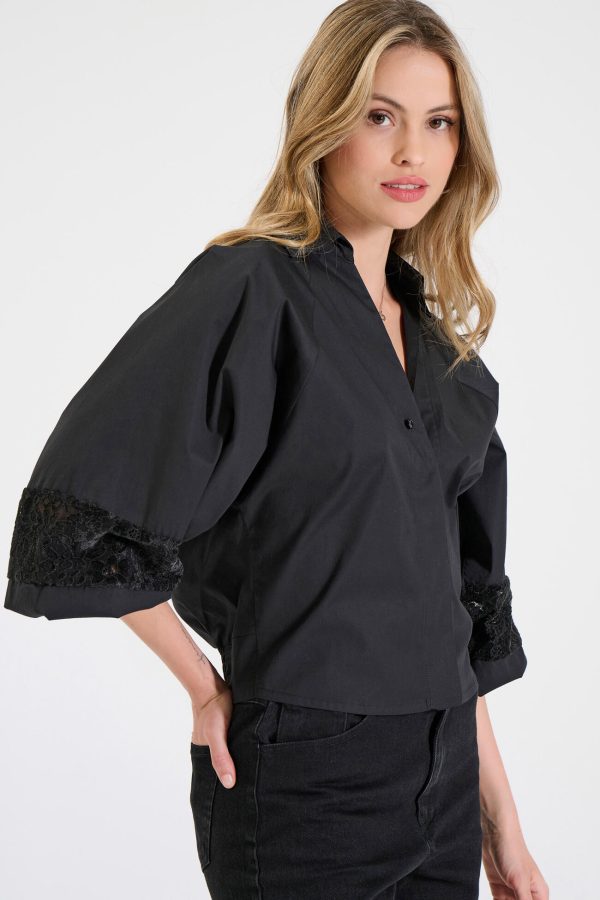 Bill Cost Βαμβακερό πουκάμισο με δαντέλα στα μανίκια-10-180327-0-Black/Μαύρο