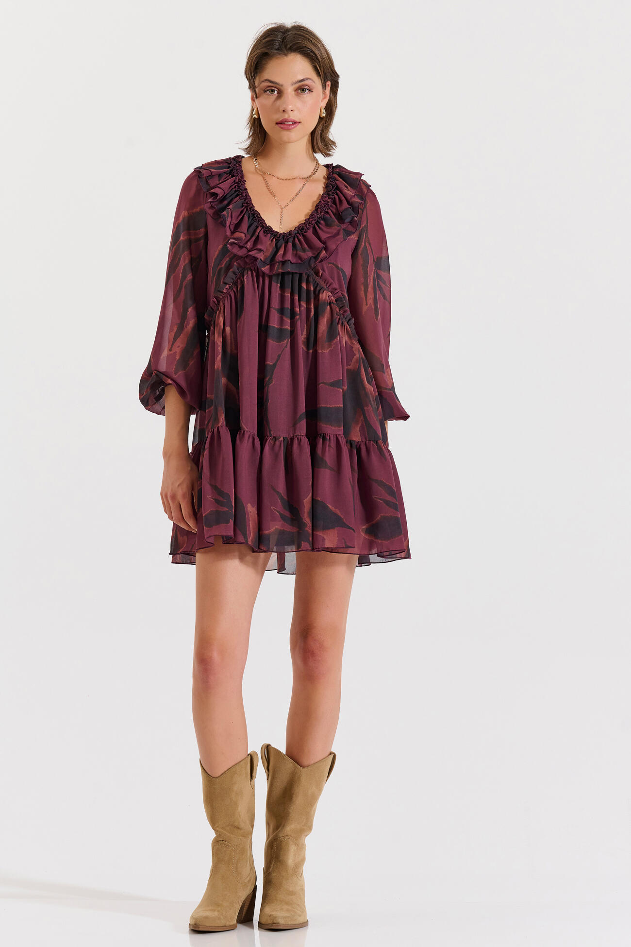 Bill Cost Φόρεμα μίνι εμπριμέ με βολάν-10-342407-0-Burgundy/μπορντό Bill Cost Φόρεμα μίνι εμπριμέ με βολάν-10-342407-0-Burgundy/μπορντό