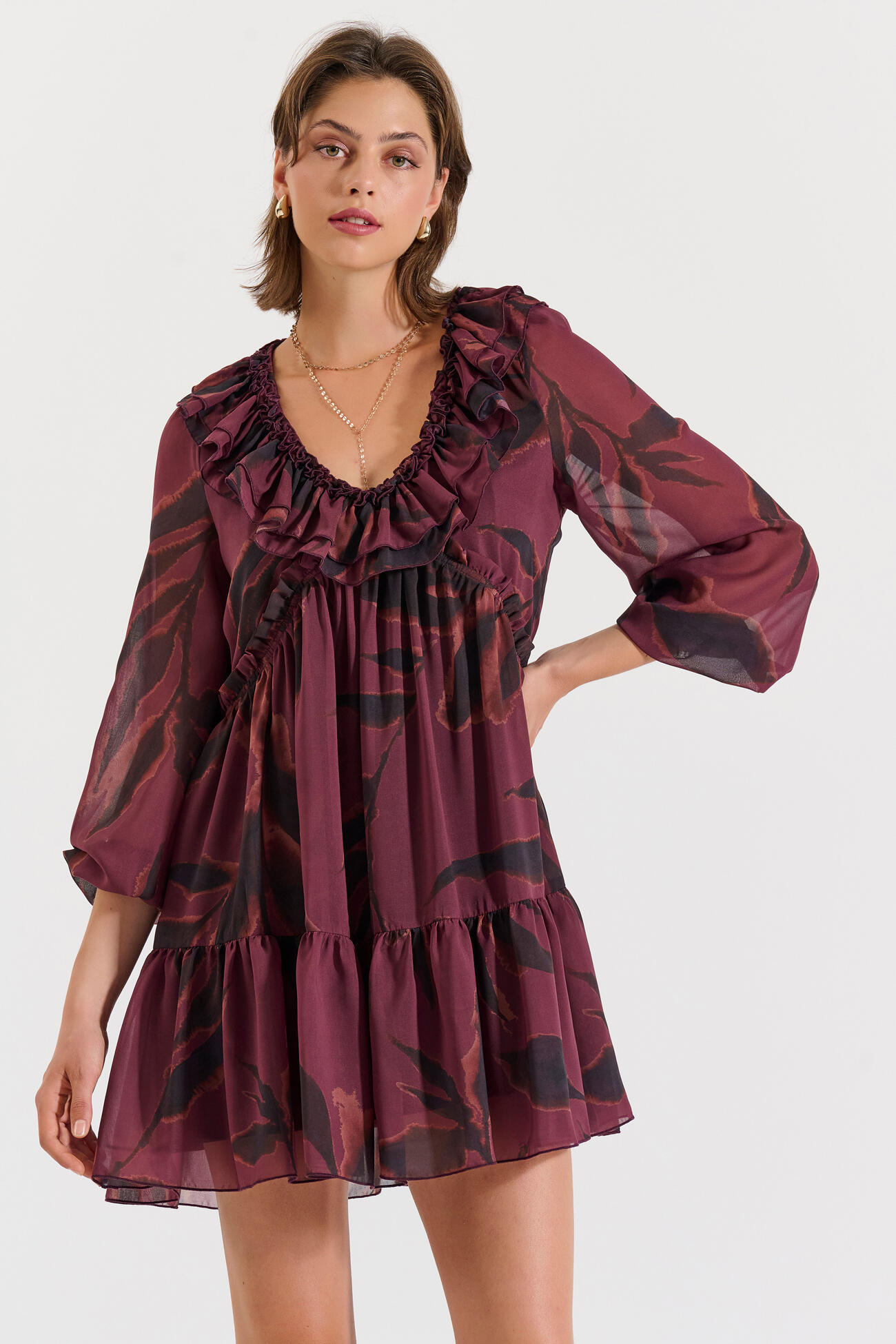 Bill Cost Φόρεμα μίνι εμπριμέ με βολάν-10-342407-0-Burgundy/μπορντό Bill Cost Φόρεμα μίνι εμπριμέ με βολάν-10-342407-0-Burgundy/μπορντό