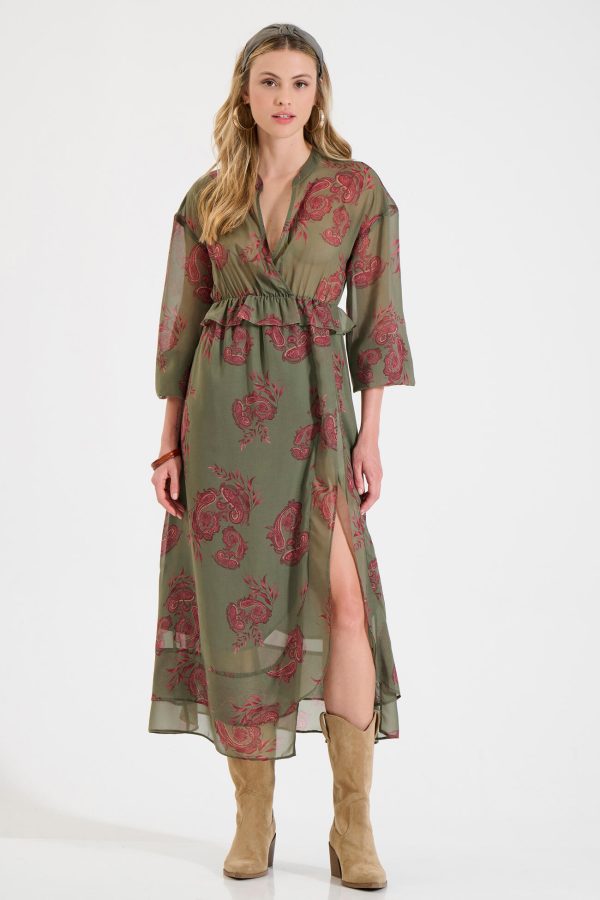 Bill Cost Μακρύ Φόρεμα με Εμπριμέ Μοτίβο και Βολάν-10-342410-0-Olive/Λαδί