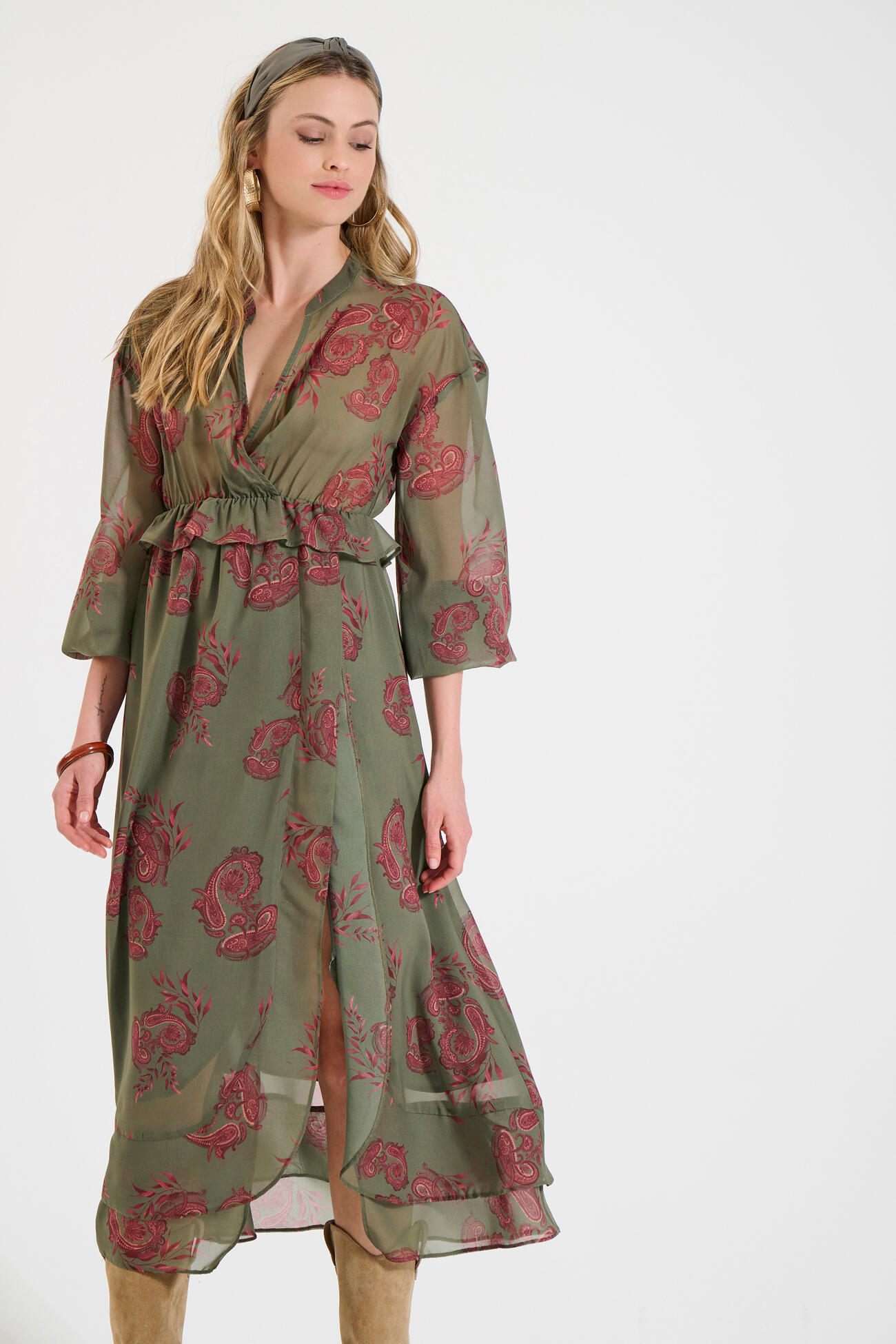 Bill Cost Μακρύ Φόρεμα με Εμπριμέ Μοτίβο και Βολάν-10-342410-0-Olive/Λαδί Bill Cost Μακρύ Φόρεμα με Εμπριμέ Μοτίβο και Βολάν-10-342410-0-Olive/Λαδί