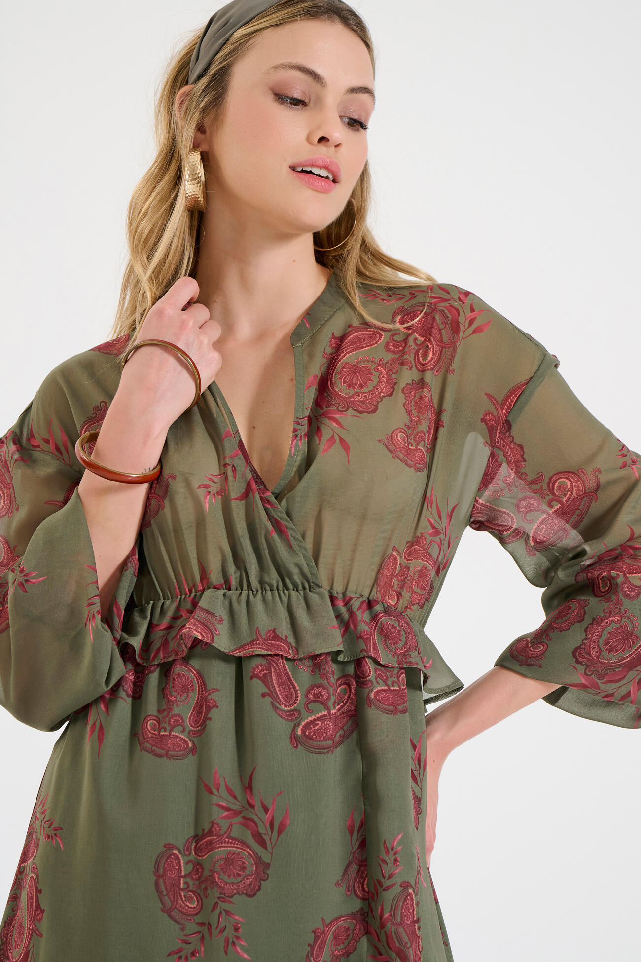 Bill Cost Μακρύ Φόρεμα με Εμπριμέ Μοτίβο και Βολάν-10-342410-0-Olive/Λαδί Bill Cost Μακρύ Φόρεμα με Εμπριμέ Μοτίβο και Βολάν-10-342410-0-Olive/Λαδί