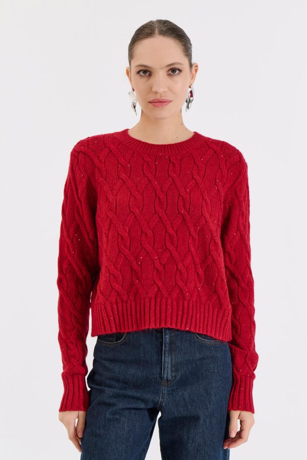 Bill Cost Πλεκτή Μπλούζα με Πλεξούδες και Διακριτική Λάμψη-20-131375-0-Red/Κόκκινο