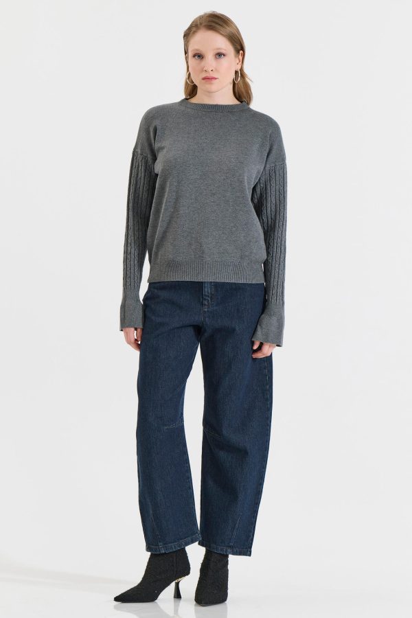 Bill Cost  Πλεκτό Πουλόβερ με Πλέξη Πλεξούδας στα Μανίκια-20-131386-0-Grey/Γκρι