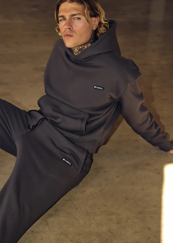 Vinyl φούτερ cotton oversized - emblem hoodie-84815-09-Grey/Γκρι