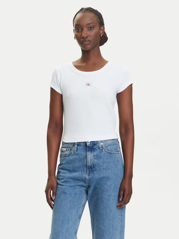 Calvin Klein A- WOVEN LABEL 2X2 RIB BABY TEE T-Shirt Slim Fit LV047C200G-White/Λευκό