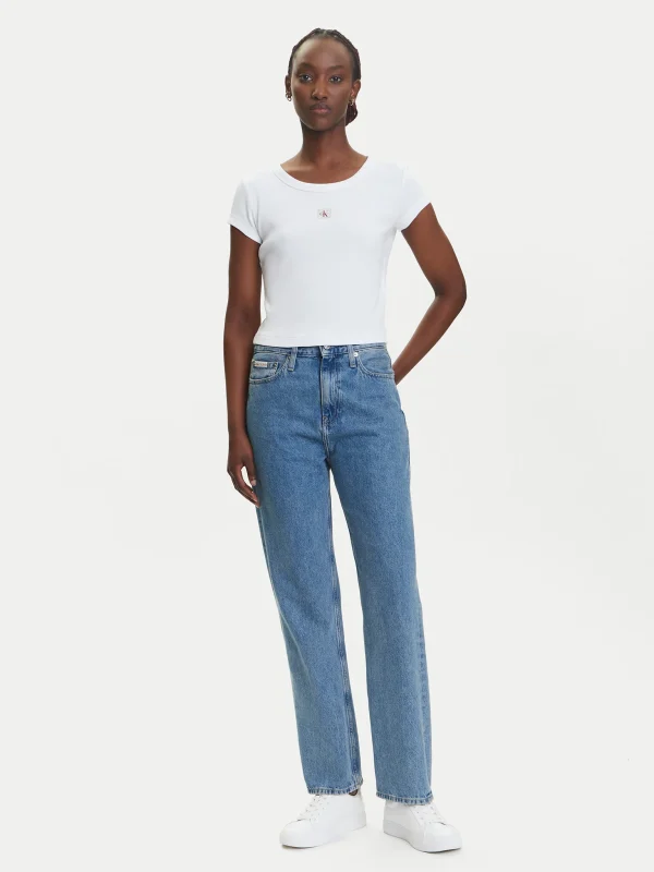 Calvin Klein A- WOVEN LABEL 2X2 RIB BABY TEE T-Shirt Slim Fit LV047C200G-White/Λευκό