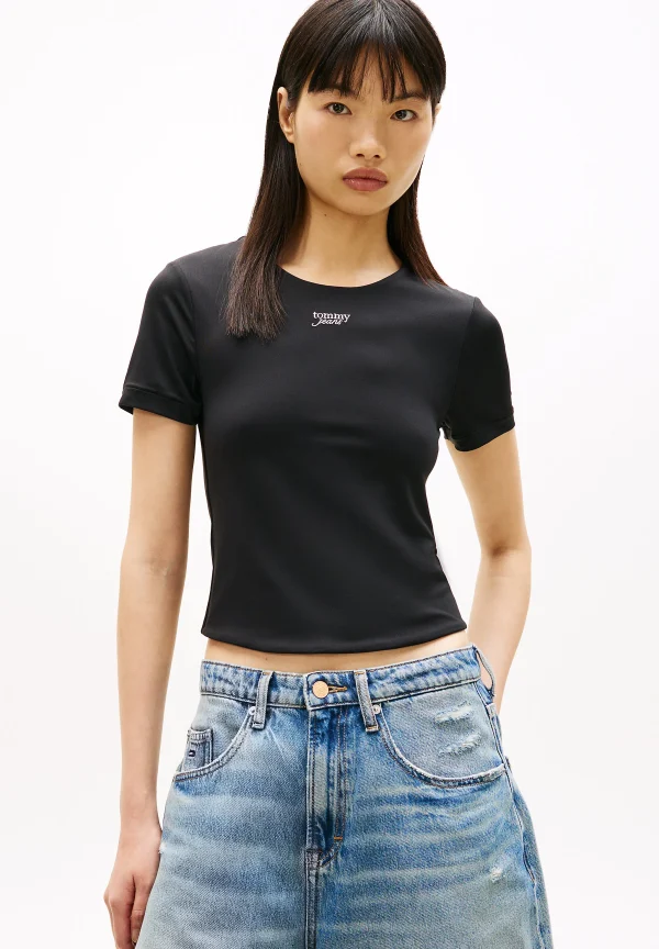 Tommy Jeans TJW SLIM SH SILVER SCRIPT TEE Crop tops DW0DW22284-Black/Μαύρο