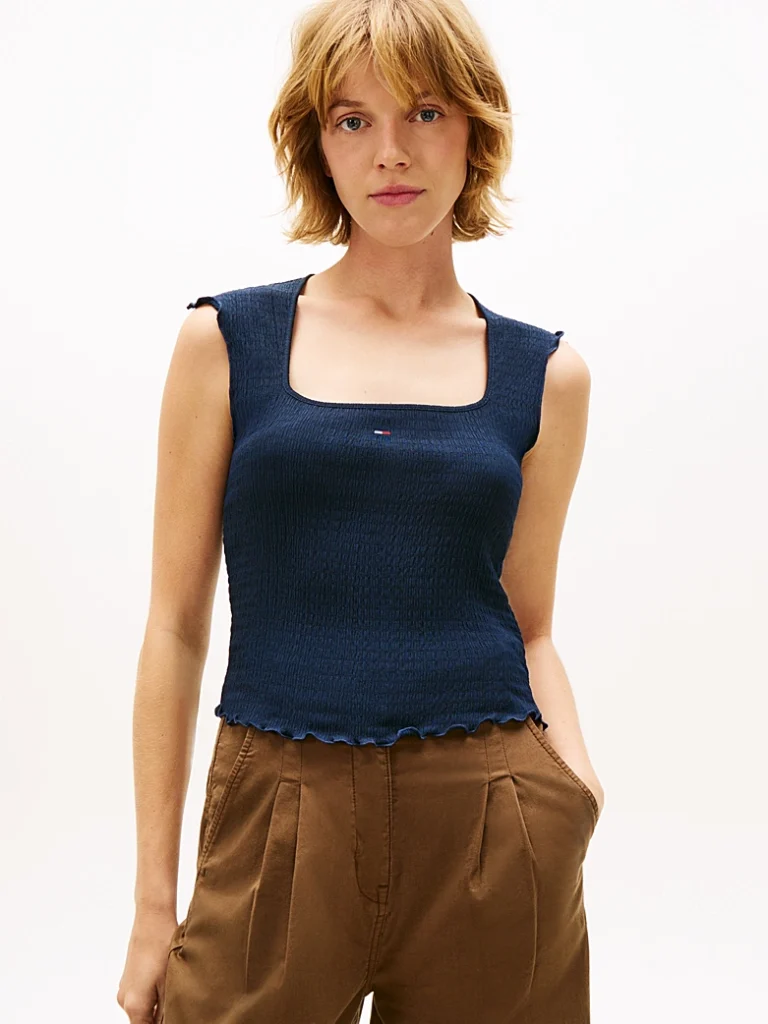 Tommy Jeans Smock Slim Seersucker Square Neck Top DW0DW22220-Dark Night Navy/Μπλέ