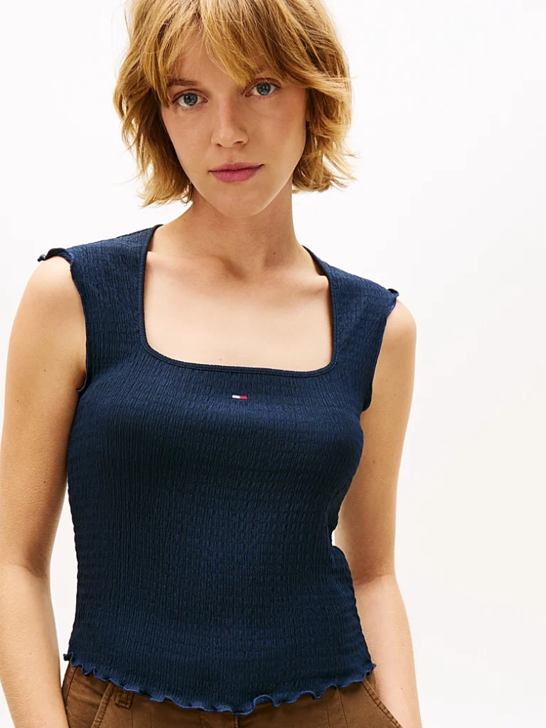 Tommy Jeans Smock Slim Seersucker Square Neck Top DW0DW22220-Dark Night Navy/Μπλέ