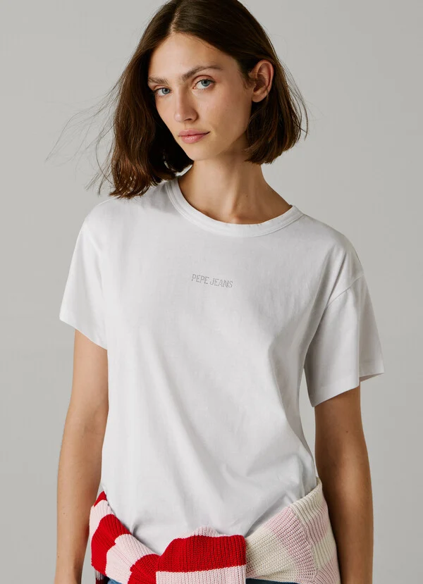 Pepe Jeans Mπλουζάκι με στρας με λογότυπο PL5000167-White/Λευκό