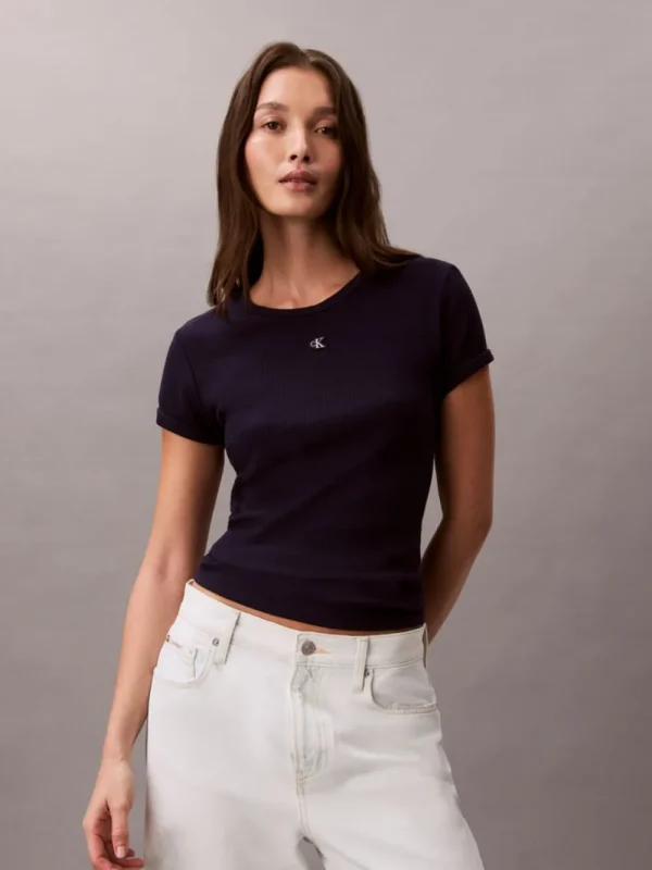 Calvin Klein Short Sleeve Monogram Patch Slim Waffle Tee LV047F233G-Blue/Μπλέ