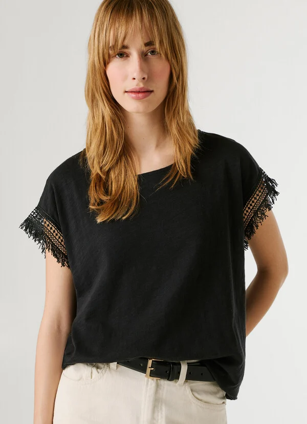 Pepe Jeans T-shirt με λαιμόκοψη με κρόσσια PL5000143-Black/Μαύρο