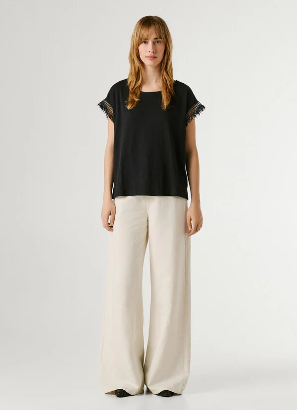 Pepe Jeans T-shirt με λαιμόκοψη με κρόσσια PL5000143-Black/Μαύρο