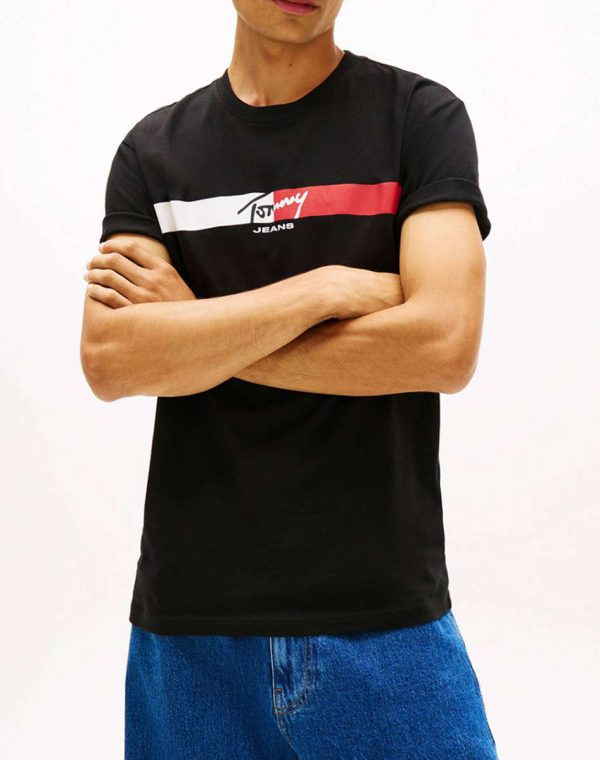 TOMMY JEANS TJM REG SIGNATURE STRIPE T EXT DM0DM22539-BDS-Black/Μαύρο