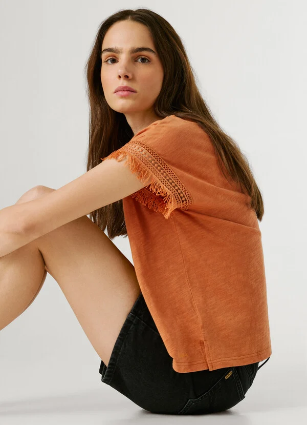 Pepe Jeans T-shirt με λαιμόκοψη με κρόσσια PL5000143-Orange/Πορτοκαλί