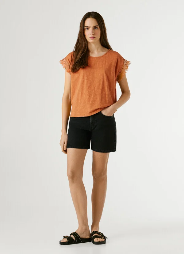 Pepe Jeans T-shirt με λαιμόκοψη με κρόσσια PL5000143-Orange/Πορτοκαλί